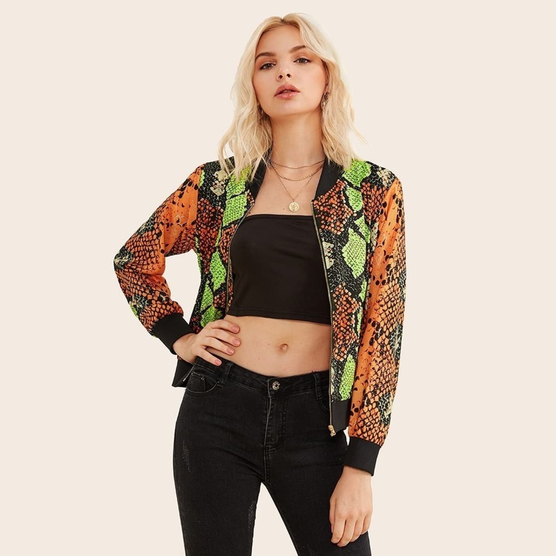 

Neon Snakeskin Print Bomber Jacket, Multicolor bright