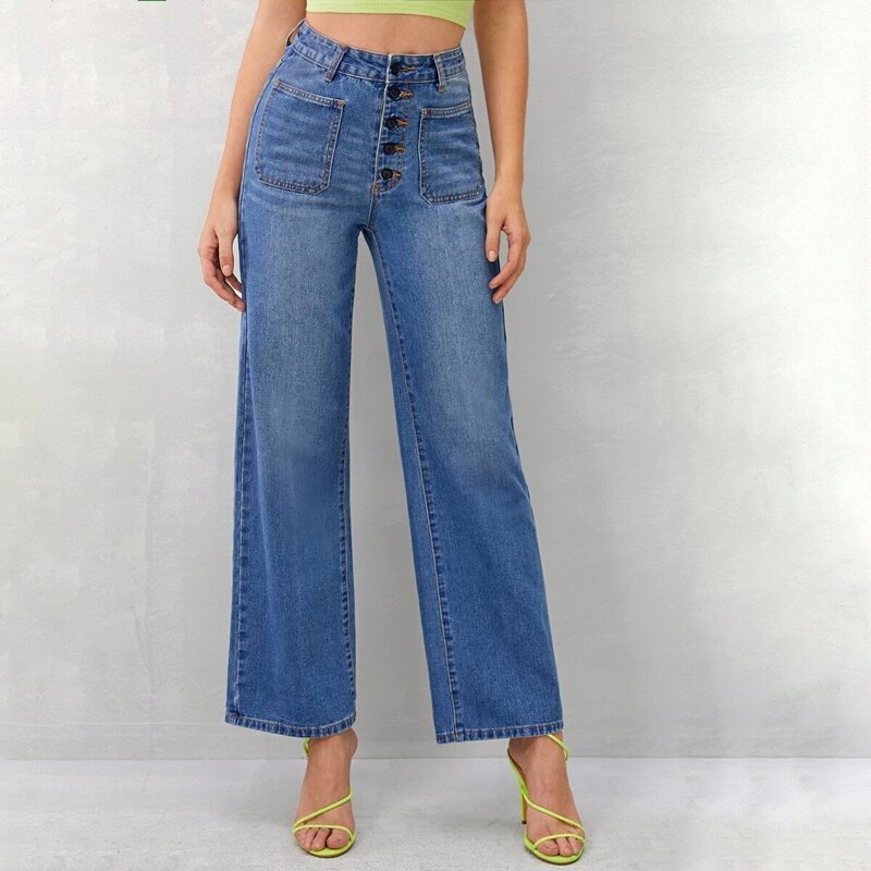

Button Fly Wide Leg Jeans, Blue
