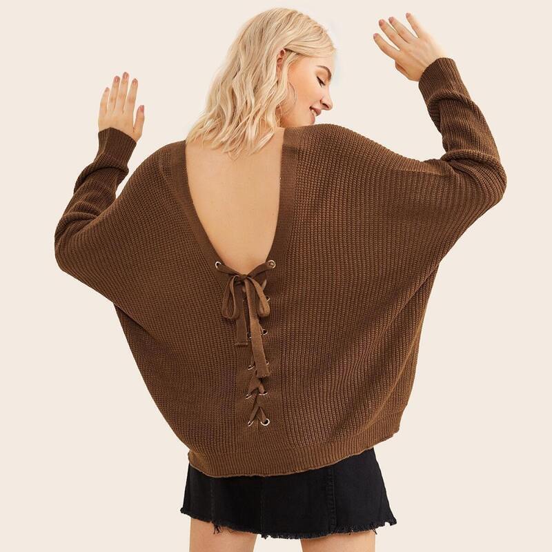

Lace Up Back V Neck Sweater, Brown