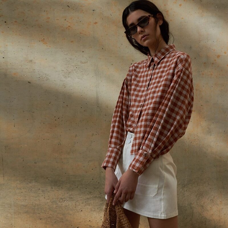 

Premium Drop Shoulder Gingham Print Shirt, Brown