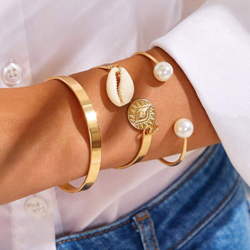 

Shell & Eye Decor Cuff Bracelet 3pcs, Gold