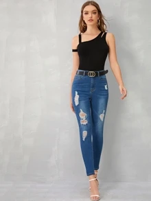 SHEIN Privé 不對稱領鏤空細節合身上衣 - 黑色 - 查看 3