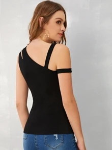 SHEIN Privé 不對稱領鏤空細節合身上衣 - 黑色 - 查看 2