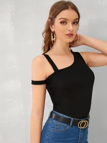 SHEIN Privé 不對稱領鏤空細節合身上衣 - 黑色 - 查看 4