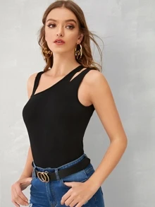 SHEIN Privé 不對稱領鏤空細節合身上衣 - 黑色 - 查看 5
