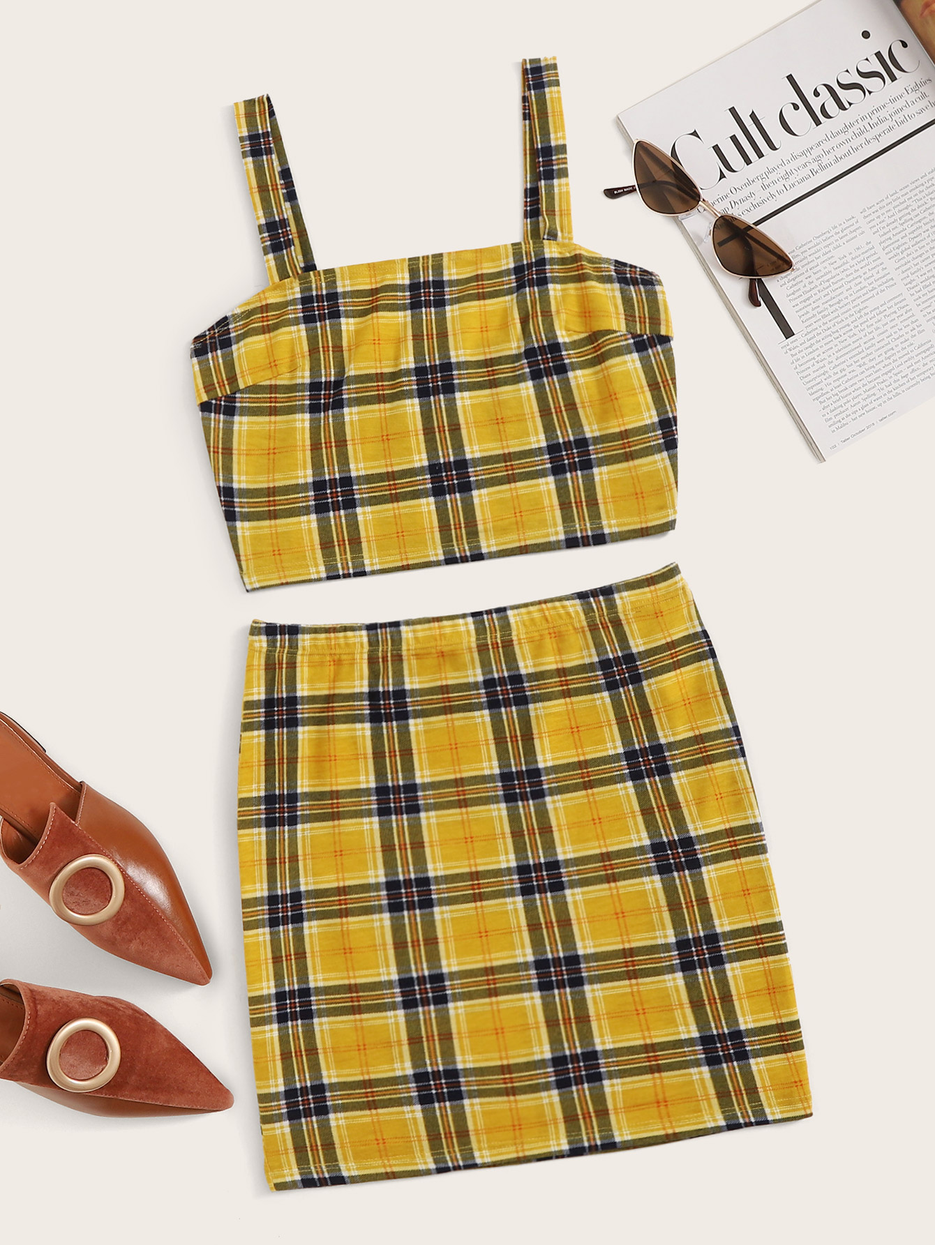Verdusa Womens 2 Piece Outfit Plaid Crop Cami Top and Bodycon Skirt