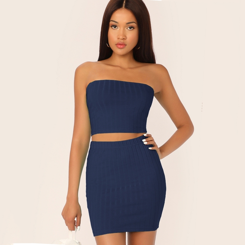 

Rib-knit Bandeau & Bodycon Skirt Set, Navy