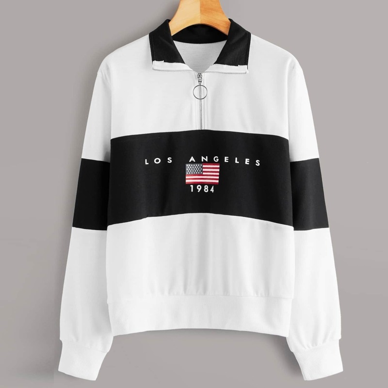 

Half Zip Front American Flag & Letter Print Sweatshirt, Black and white