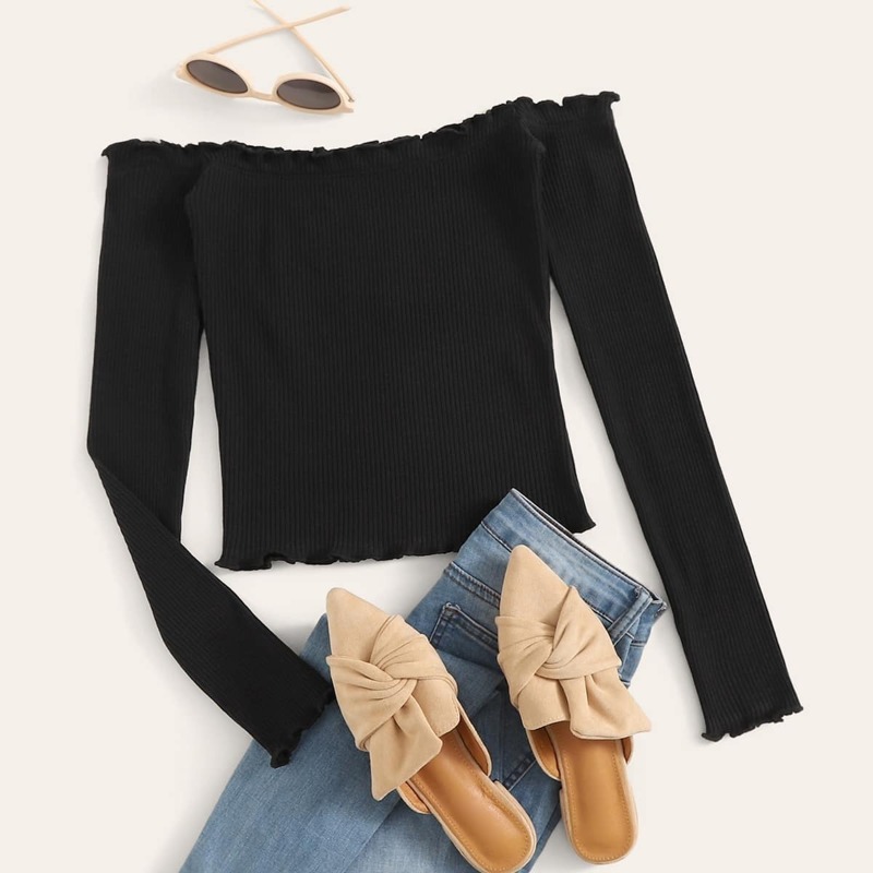 

Off The Shoulder Lettuce Trim Rib-Knit Tee, Black