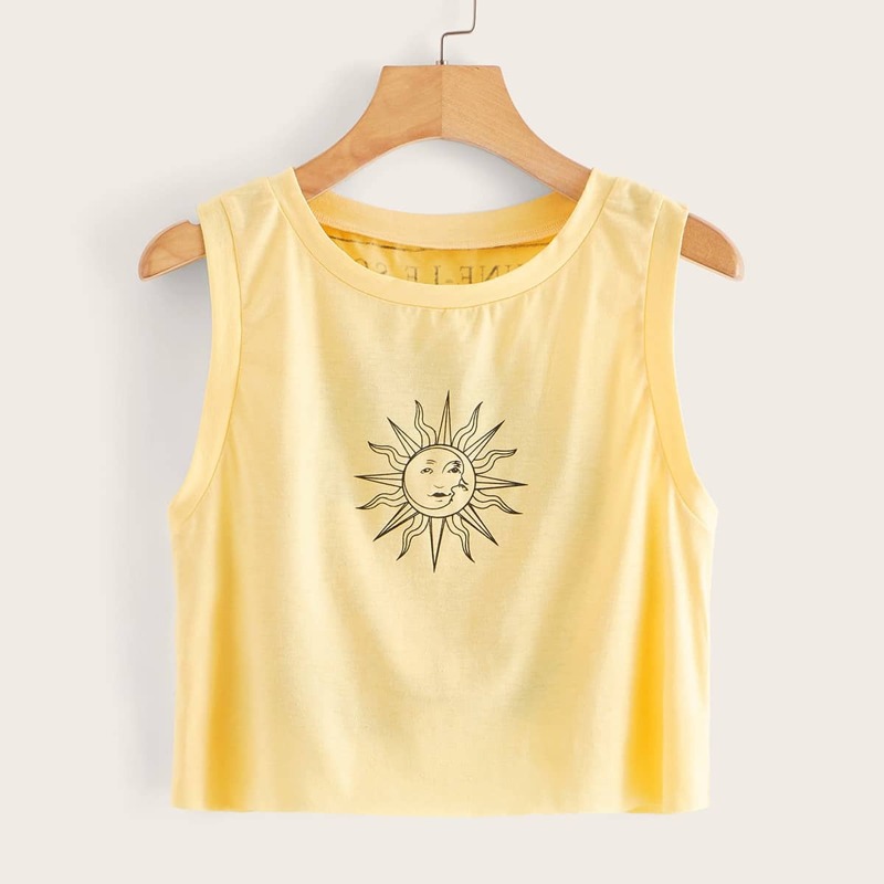 

Sun & Letter Print Tank Top, Yellow pastel