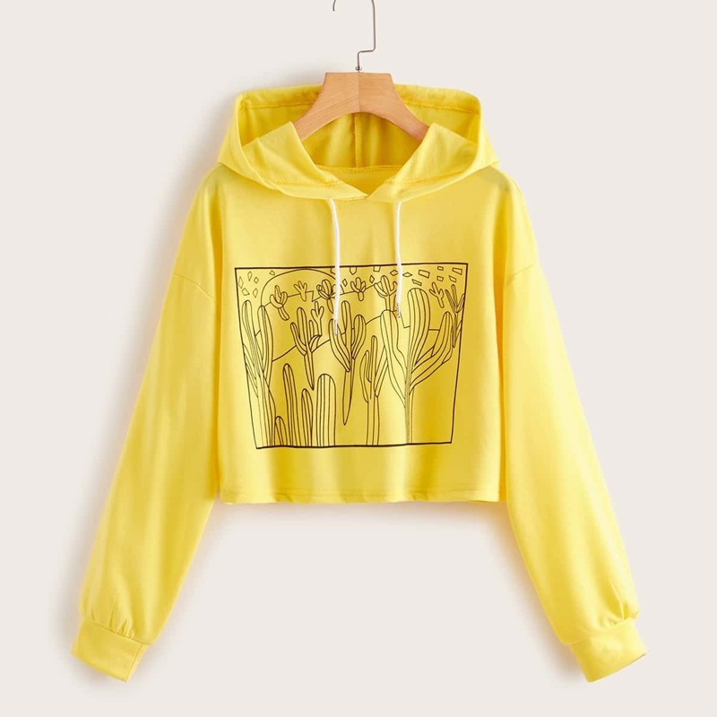 

Cactus Print Drawstring Hoodie, Yellow bright