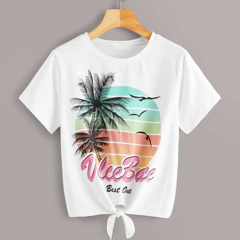 

Tropical & Letter Print Tie Front Tee, White
