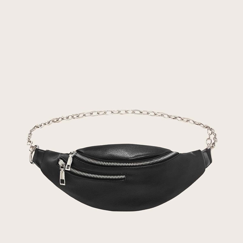 

Zip Front Chain Strap Fanny Pack, Black