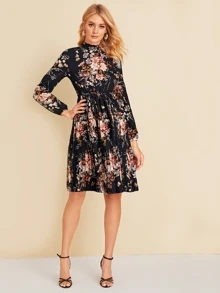 SHEIN Mock Neck Botanical Print Pleated Dress - Navy Blue - View 3