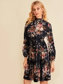SHEIN Mock Neck Botanical Print Pleated Dress - Navy Blue - View 5