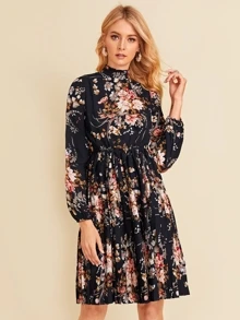 SHEIN Mock Neck Botanical Print Pleated Dress - Navy Blue - View 1