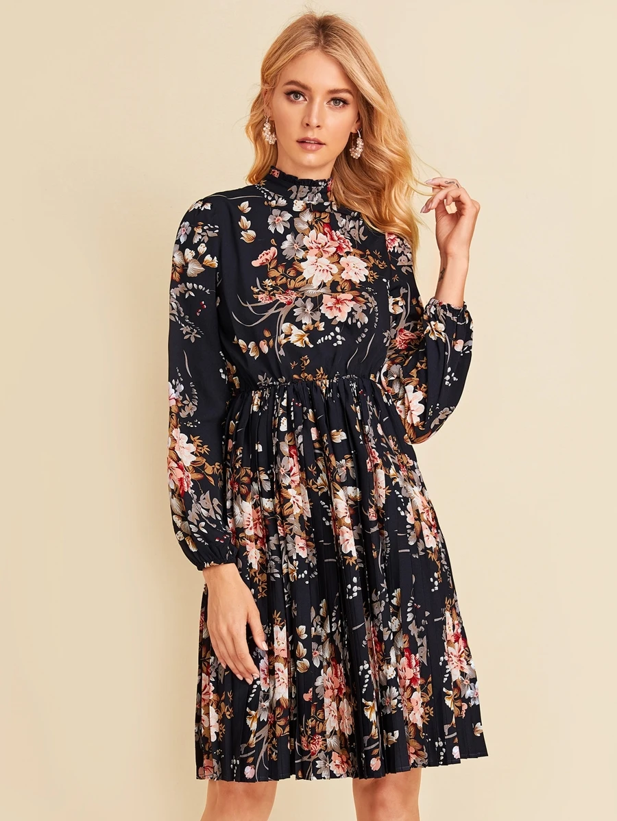 SHEIN Mock Neck Botanical Print Pleated Dress - Navy Blue - View 1
