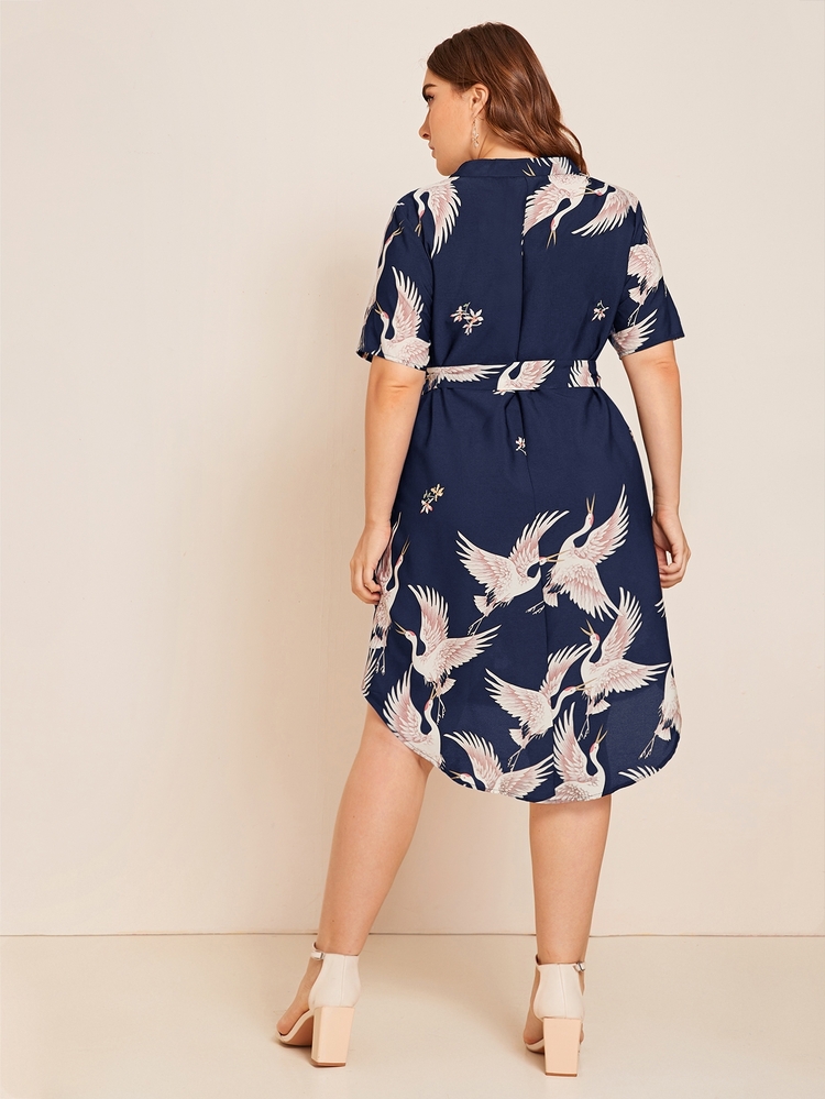 SHEIN Unity 大碼西裝領自腰帶弧形下擺洋裝 - 藏蓝色 - 查看 2
