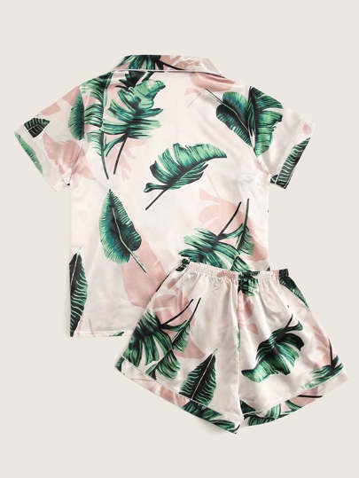Conjunto de pijama de satén con estampado tropical