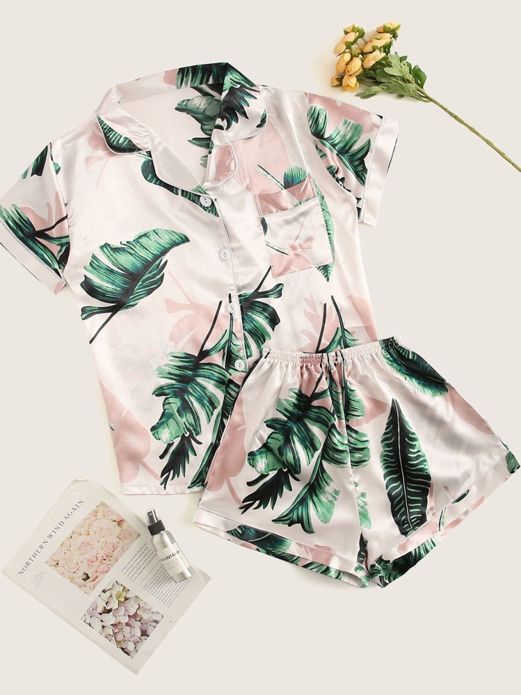 Tropical Print Satin Pajama Set - Multicolor - View 1