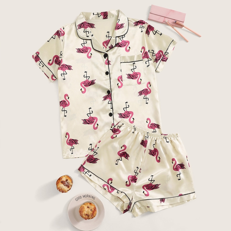 

Flamingo Print Satin Pajama Set, Multicolor