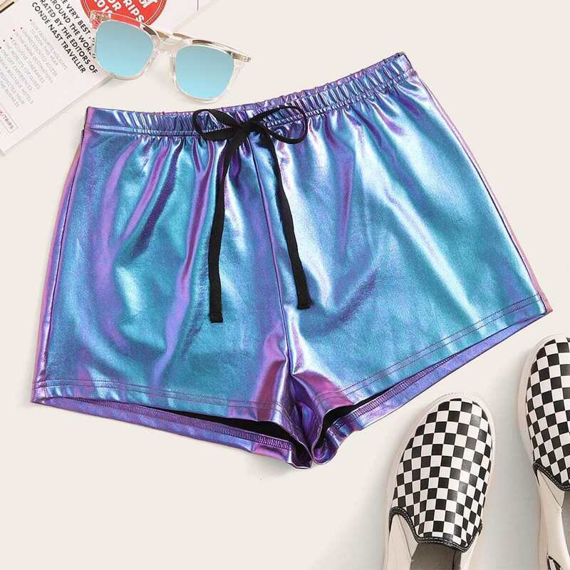 

Plus Drawstring Waist Metallic Shorts, Multicolor