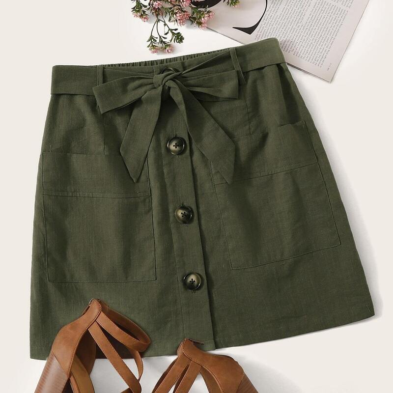 

Single Breasted Pocket Patched Tie Front Skirt, Army green