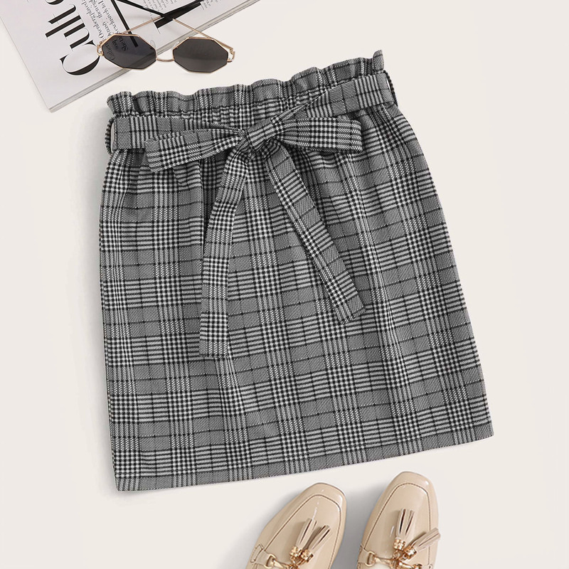 

Frilled Waist Glen Plaid Belted Skirt, Grey