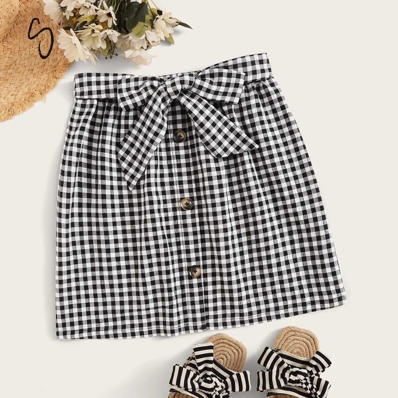 

Tie Waist Button Up Gingham Skirt, Black and white