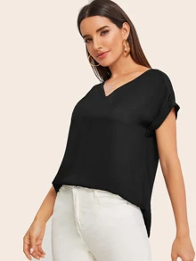 SHEIN LUNE V-neck Cuffed Sleeve High-low Hem Top - Black - View 4