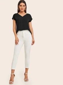 SHEIN LUNE V-neck Cuffed Sleeve High-low Hem Top - Black - View 3