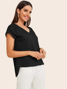 SHEIN LUNE V-neck Cuffed Sleeve High-low Hem Top - Black - View 5