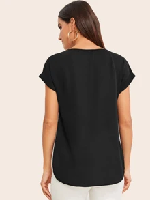SHEIN LUNE V-neck Cuffed Sleeve High-low Hem Top - Black - View 2