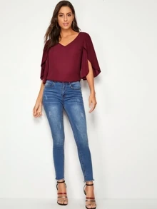 SHEIN Unity Top unicolor de manga pétalo escote V - Burdeos - Ver 3