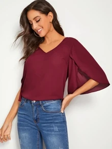 SHEIN Unity Top unicolor de manga pétalo escote V - Burdeos - Ver 4