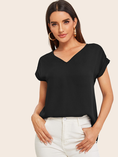 V-neck Cuffed Sleeve High-low Hem Top