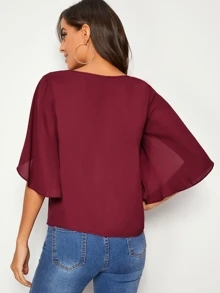 SHEIN Unity Top unicolor de manga pétalo escote V - Burdeos - Ver 2