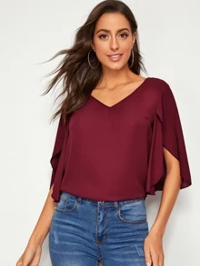 SHEIN Unity Top unicolor de manga pétalo escote V - Burdeos - Ver 1