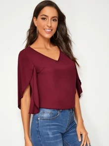 SHEIN Unity Top unicolor de manga pétalo escote V - Burdeos - Ver 5