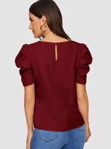 SHEIN Clasi 素色後鎖孔泡泡袖上衣 - 酒紅色 - 查看 2