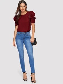 SHEIN Clasi 素色後鎖孔泡泡袖上衣 - 酒紅色 - 查看 3