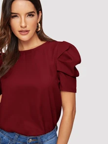 SHEIN Clasi 素色後鎖孔泡泡袖上衣 - 酒紅色 - 查看 4