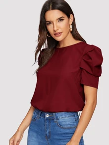 SHEIN Clasi 素色後鎖孔泡泡袖上衣 - 酒紅色 - 查看 5