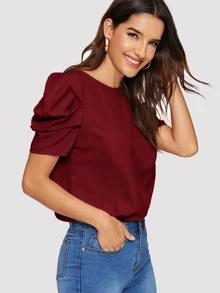 SHEIN Clasi 素色後鎖孔泡泡袖上衣 - 酒紅色 - 查看 6