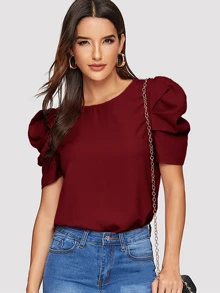 SHEIN Clasi 素色後鎖孔泡泡袖上衣 - 酒紅色 - 查看 1