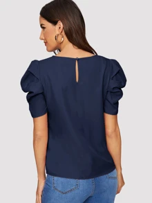 SHEIN Clasi Solid Keyhole Back Puff Sleeve Top - Navy Blue - View 2