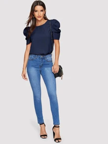 SHEIN Clasi Solid Keyhole Back Puff Sleeve Top - Navy Blue - View 3