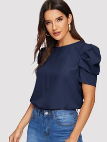 SHEIN Clasi Solid Keyhole Back Puff Sleeve Top - Navy Blue - View 5