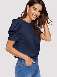SHEIN Clasi Solid Keyhole Back Puff Sleeve Top - Navy Blue - View 6