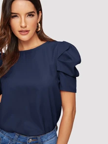 SHEIN Clasi Solid Keyhole Back Puff Sleeve Top - Navy Blue - View 4